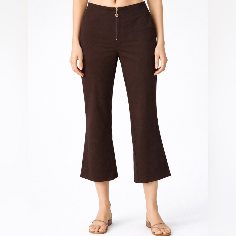 Tory Burch Kick Flare Pants Size 8 Brown Cropped Zip Work Minimal City Chic